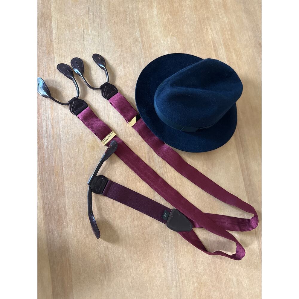 Vintage Hats In The Belfry Fedora and 100% Silk Suspenders Made in England